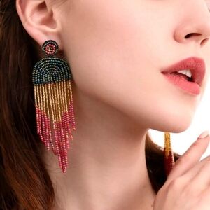 Beaded Fringe Drop Boheimian BOHO Style Mulitcolor Seed Beads Tassel Earrings